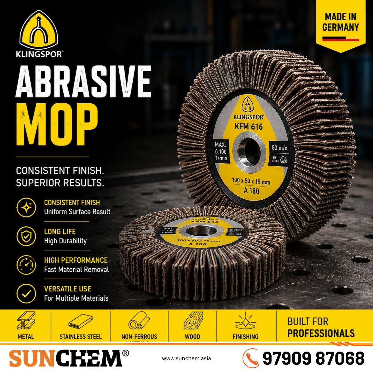 Klingspor Abrasive Mop – Sunchem Marketing authorized dealer and distributor of Klingspor abrasive mop wheels in Chennai