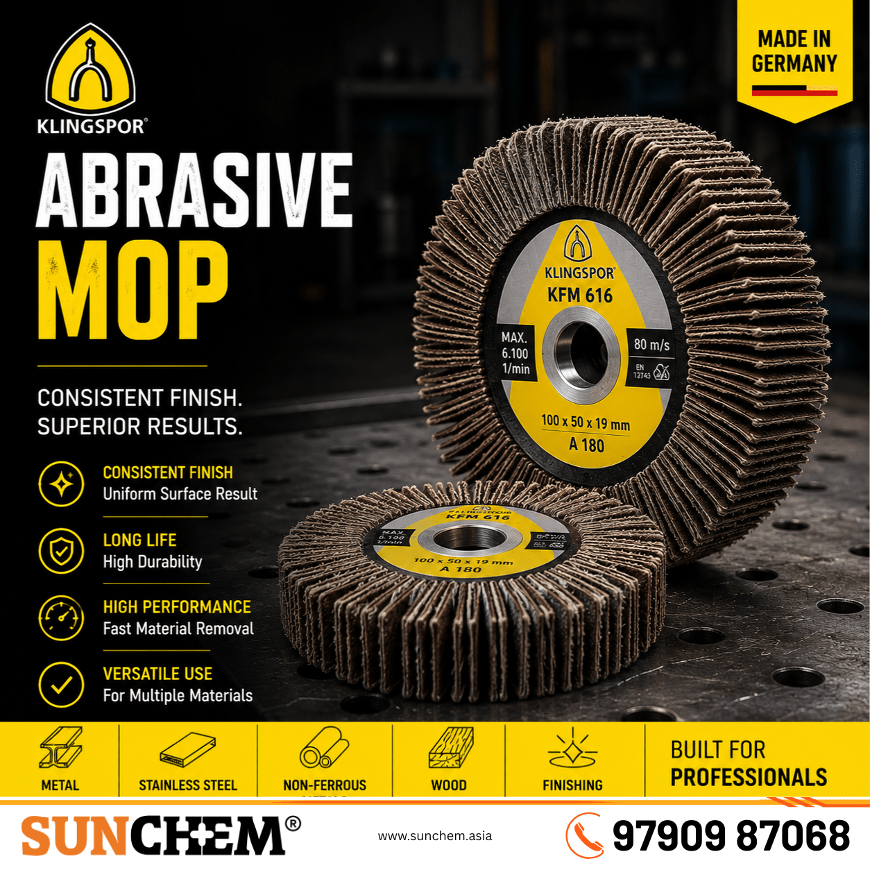 Klingspor Abrasive Mop – Sunchem Marketing authorized dealer and distributor of Klingspor abrasive mop wheels in Chennai