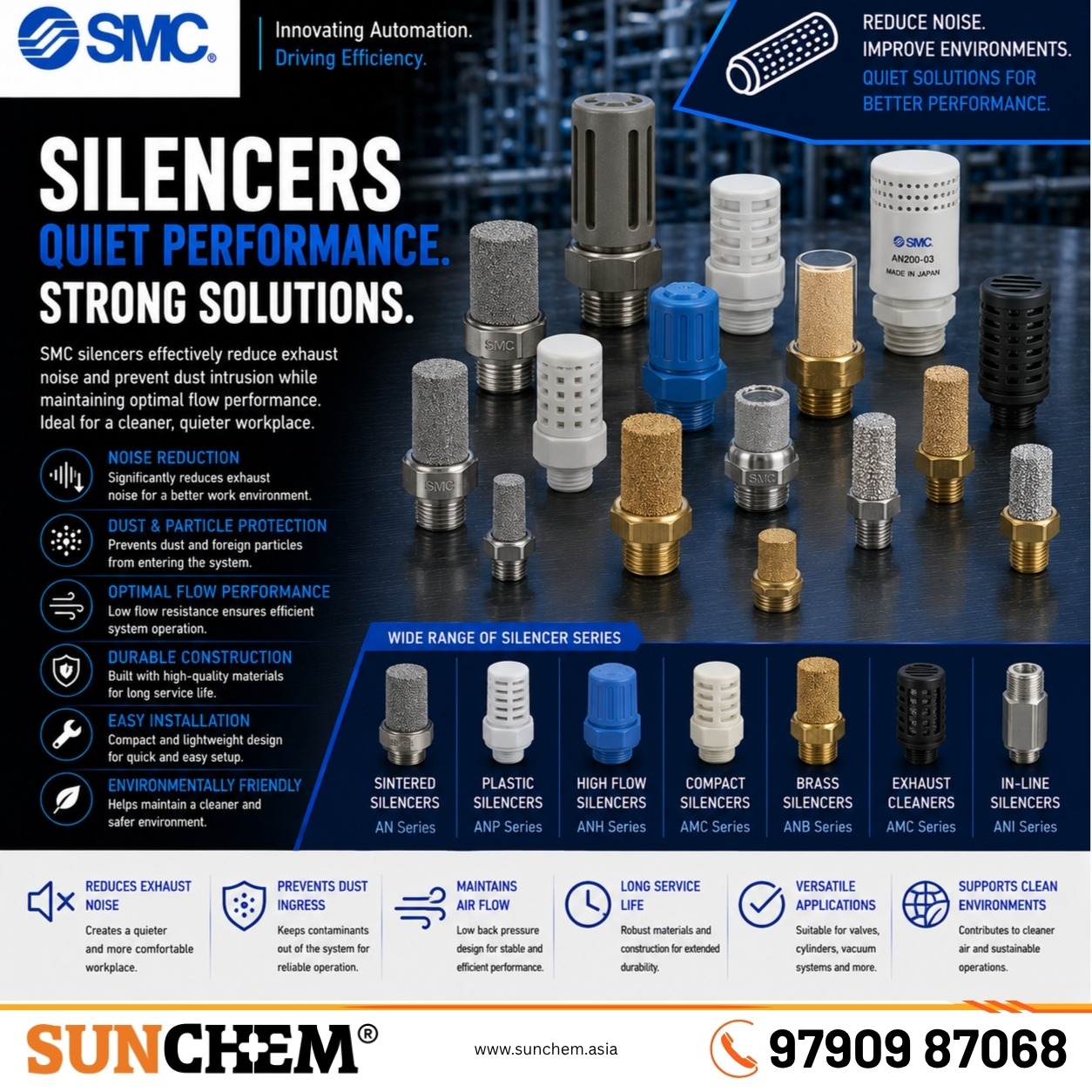 Silencers _ Blow Guns _ Pressure Gauges – Sunchem Marketing authorized dealer and distributor of SMC silencers, blow guns, and p